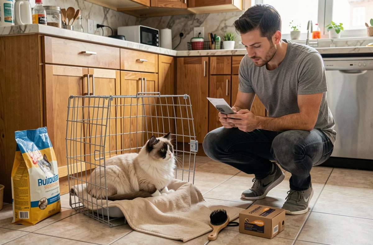 Chat Sacré de Birmanie dans un panier de transport entouré d'accessoires et de nourriture premium, représentant les dépenses courantes pour un chaton de race