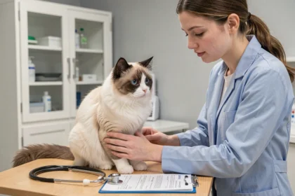 Sacré de Birmanie sur une table de consultation vétérinaire avec des documents médicaux, illustrant les frais cachés liés à la santé d'un chat de race