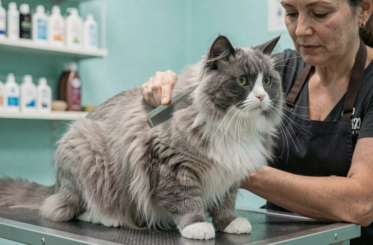 Sacré de Birmanie en séance de toilettage professionnel dans un salon spécialisé, illustrant les coûts récurrents d'entretien d'un chat de race à poil long
