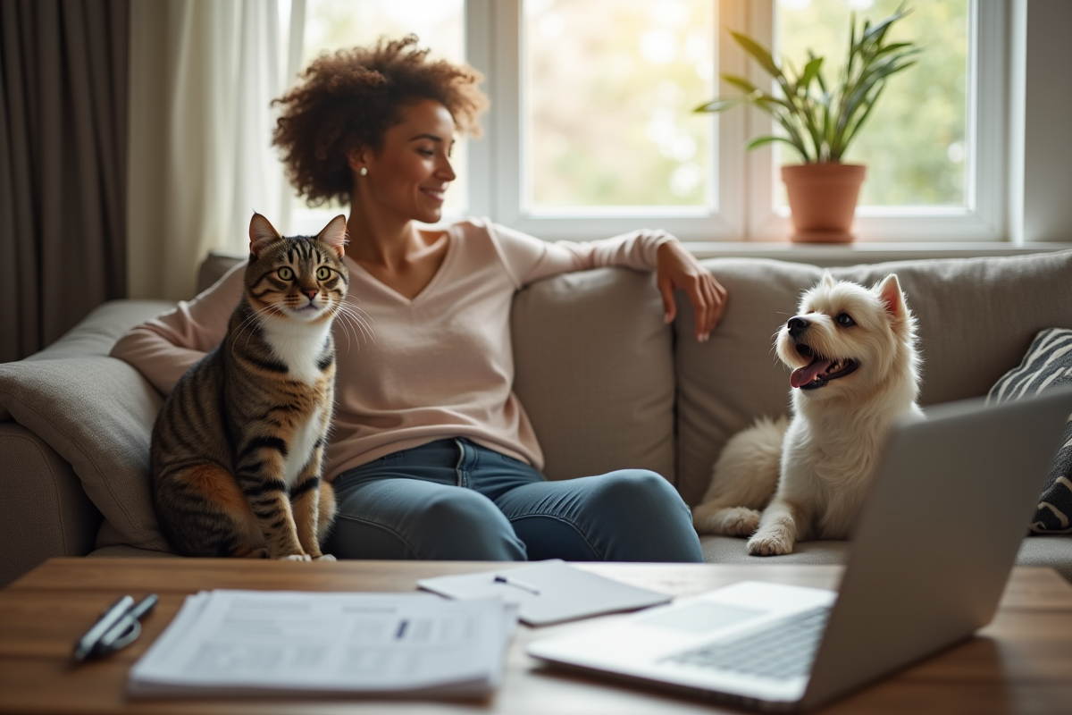 Salon cosy avec femme et chat et chien sur le canapé