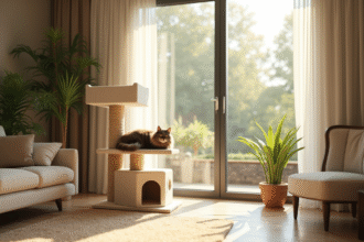 Salon lumineux avec arbre à chat beige et chat détendu