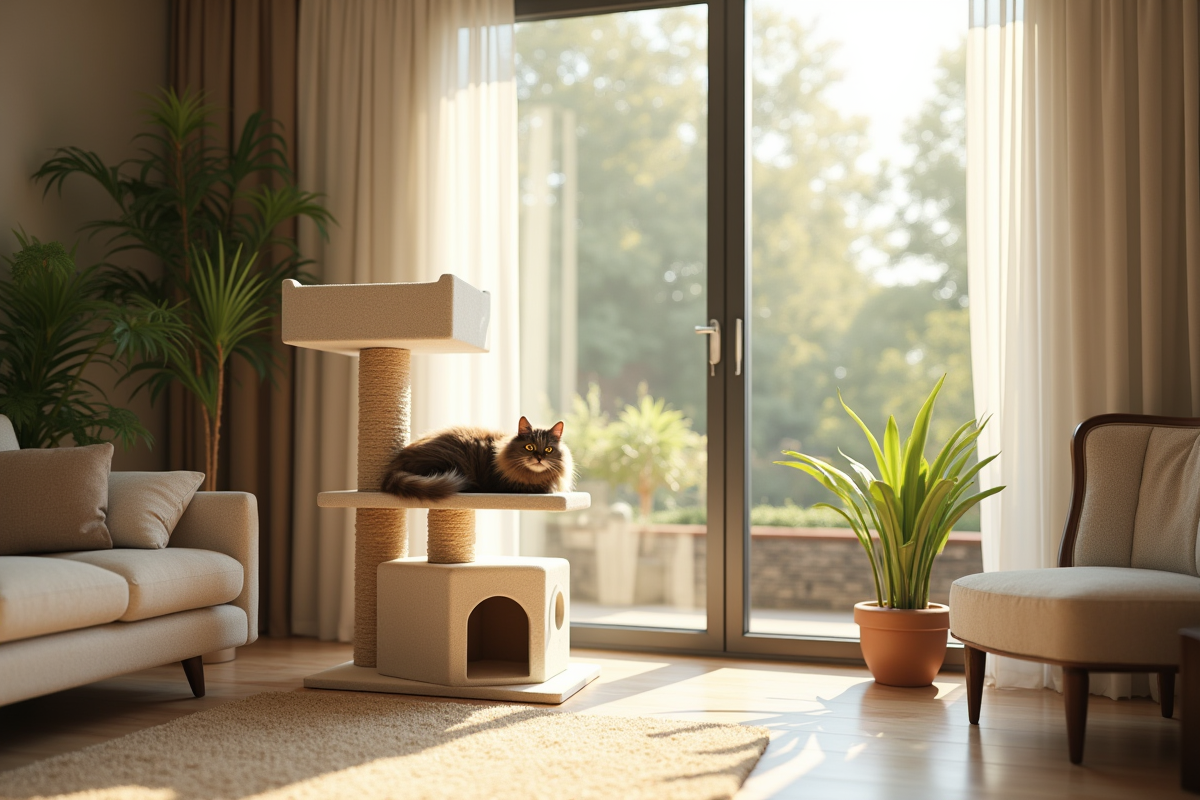 Salon lumineux avec arbre à chat beige et chat détendu