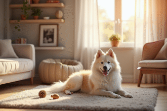Salon moderne avec chien Keeshond relaxant sur tapis