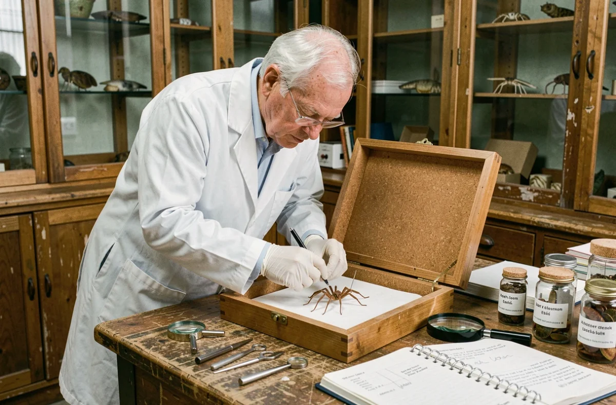Scientifique en blouse blanche examinant des spécimens d'araignées montés dans une boîte entomologique en laboratoire