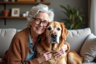 Senioreleve avec chien golden retriever dans un salon chaleureux
