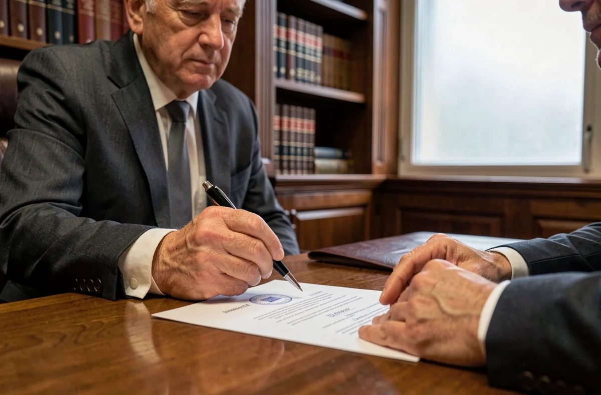 Homme signant un contrat d'assurance de prêt immobilier chez un notaire