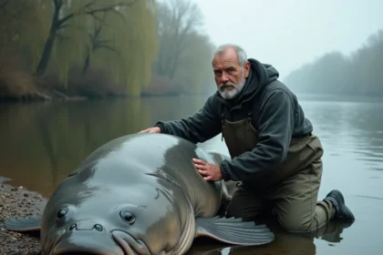 Pêcheur agenouillé à côté d'un silure géant sur les rives d'un fleuve européen, montrant l'échelle impressionnante de ce poisson géant d'eau douce