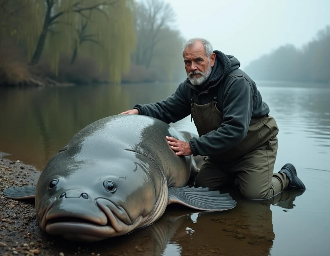 Pêcheur agenouillé à côté d'un silure géant sur les rives d'un fleuve européen, montrant l'échelle impressionnante de ce poisson géant d'eau douce