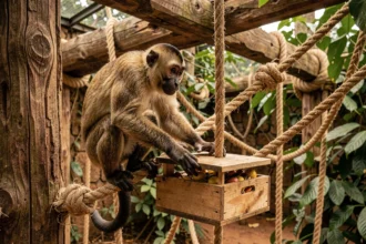 Singe araignée interagissant avec un distributeur de nourriture enrichissant dans un enclos naturalisé avec cordes et branches