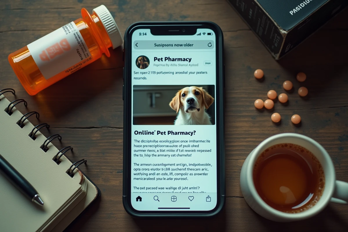 Smartphone affichant un site de pharmacie en ligne proposant des antibiotiques pour chat sans ordonnance