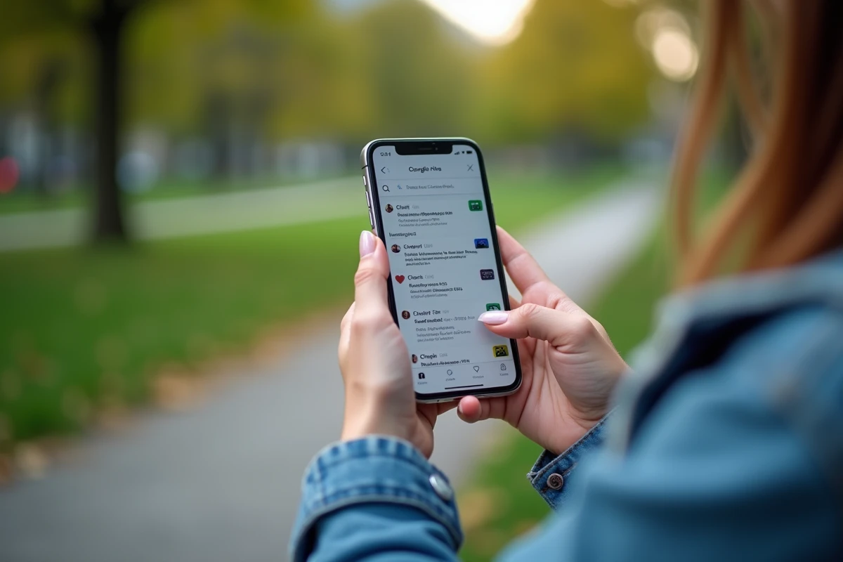 Gros plan de mains tenant un smartphone affichant une recherche pour trouver le vrai chat officiel Chéri FM