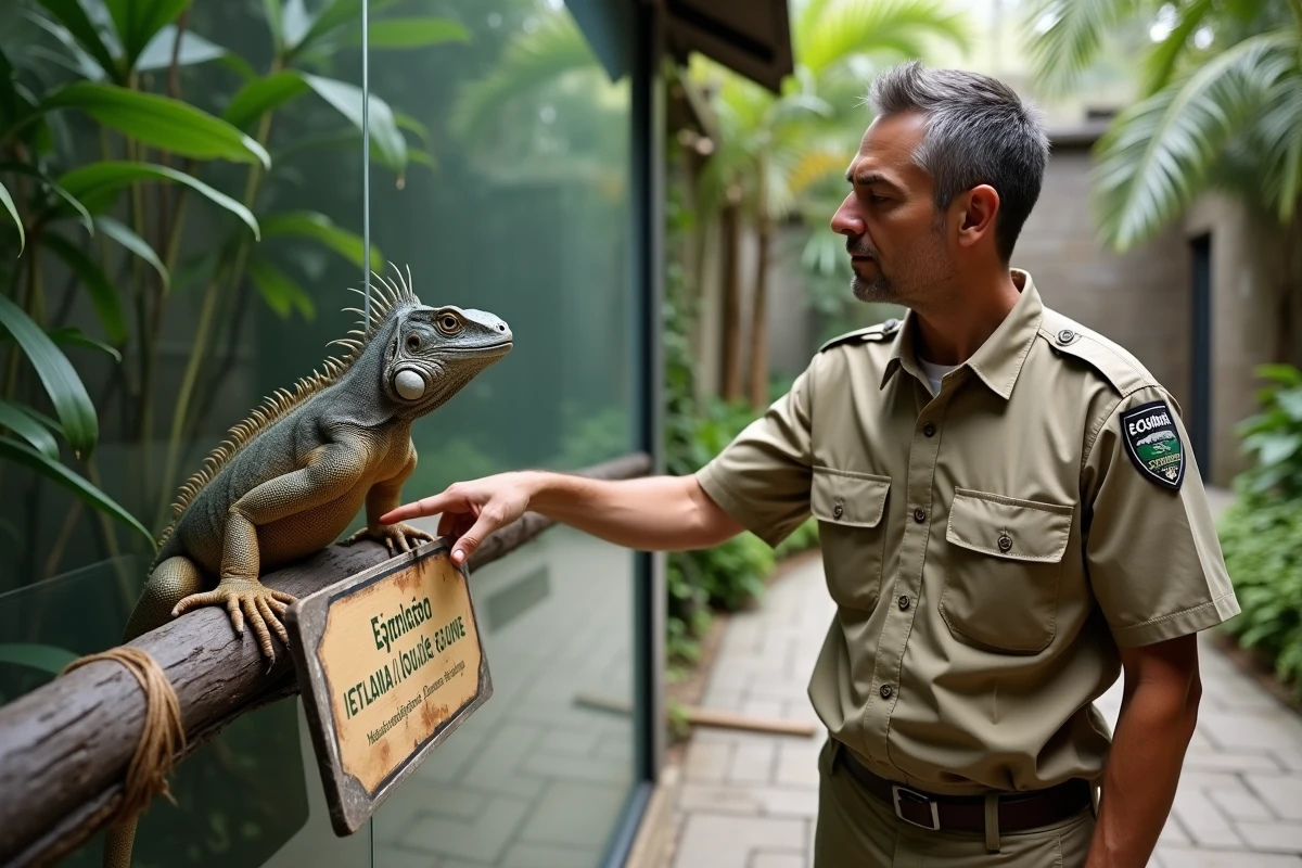 Soigneur de zoo debout devant un iguane avec un panneau bilingue français-anglais dans un enclos tropical