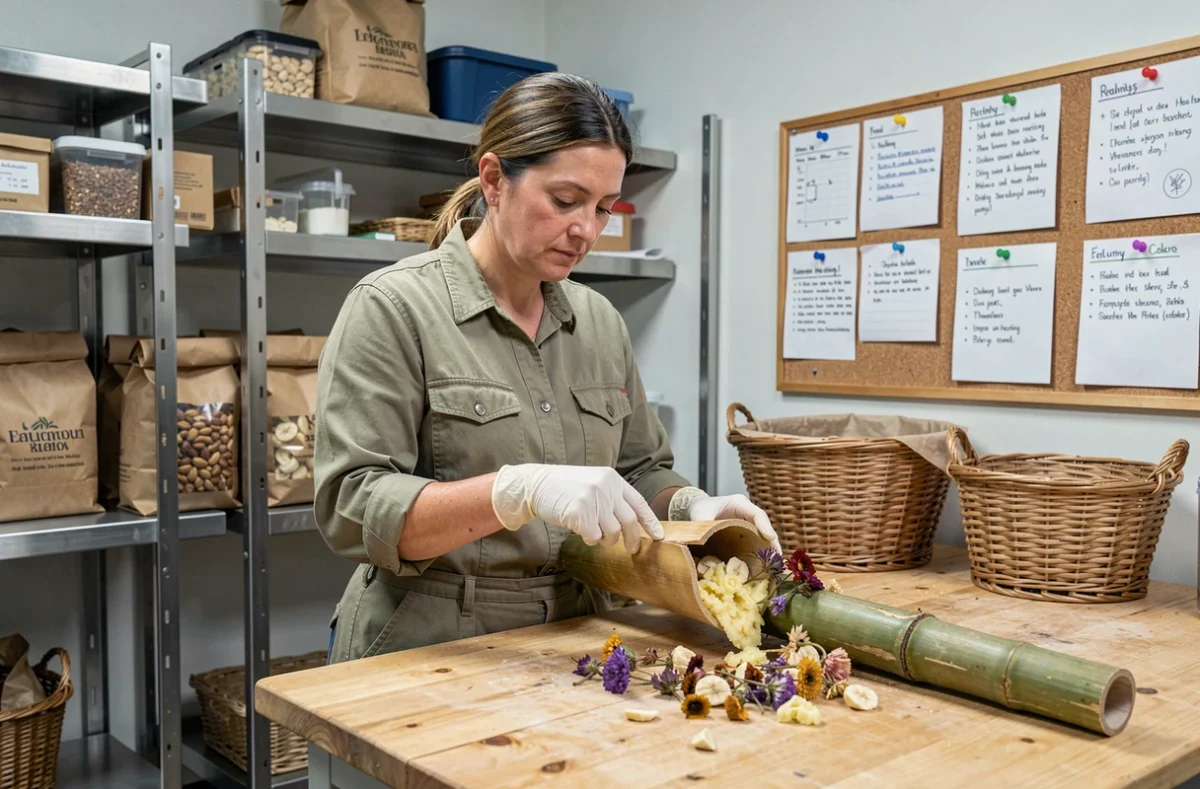 Soigneuse préparant un tube en bambou d'enrichissement alimentaire pour primates dans une salle de préparation de zoo