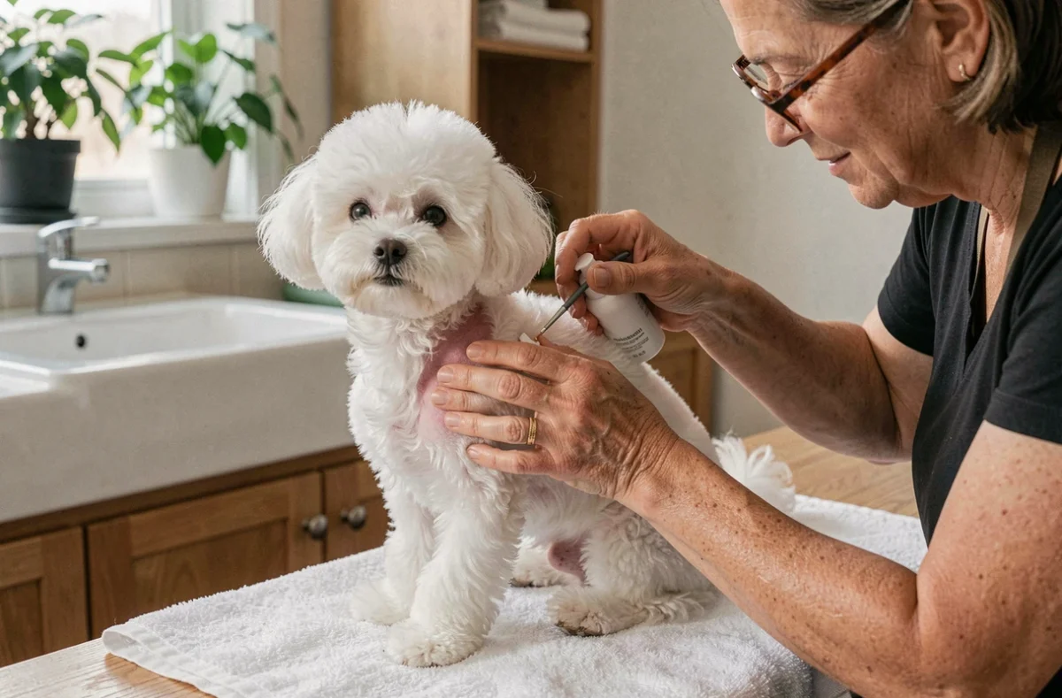 Application d'une lotion hypoallergénique sur la peau sensible d'un Bichon Maltais pour prévenir les rougeurs
