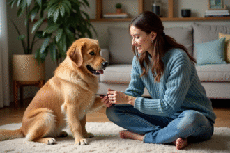 Jeune femme trime les ongles d'un chien calme dans un salon