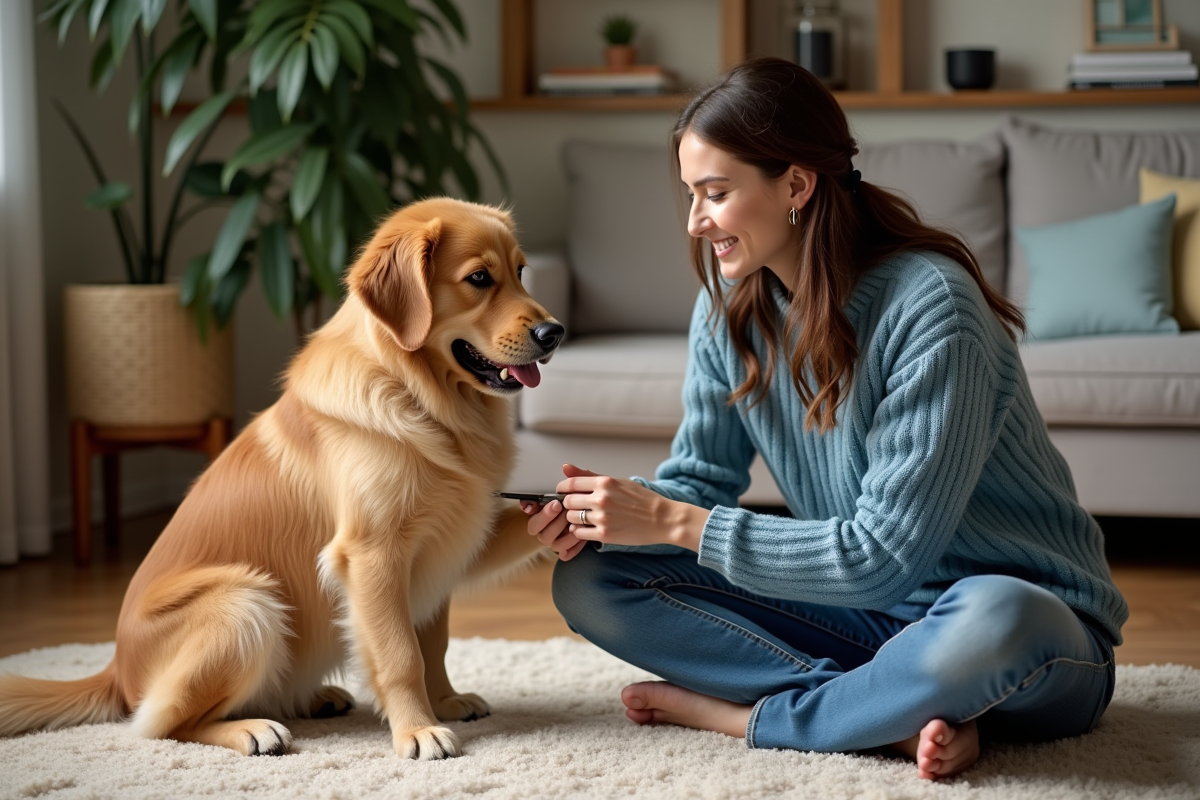 Jeune femme trime les ongles d'un chien calme dans un salon