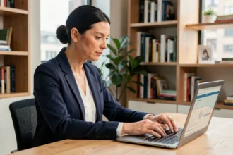 Femme professionnelle souscrivant une assurance multirisque en ligne sur son ordinateur portable dans un bureau moderne
