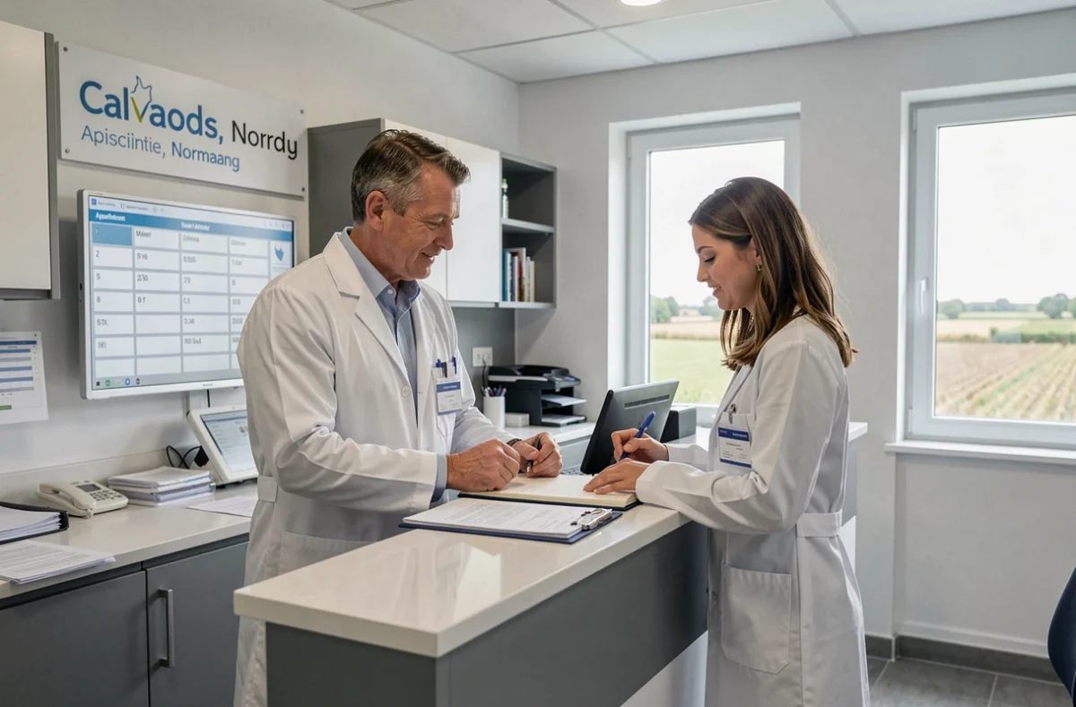 Deux vétérinaires de la SPFPL Archamatt Normandie consultent des dossiers dans leur structure vétérinaire du Calvados