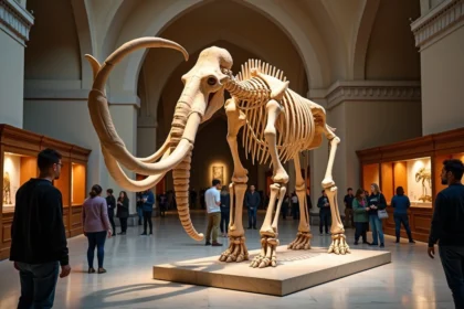 Squelette de mammouth laineux exposé dans un musée d'histoire naturelle, vue grand angle avec visiteurs en arrière-plan