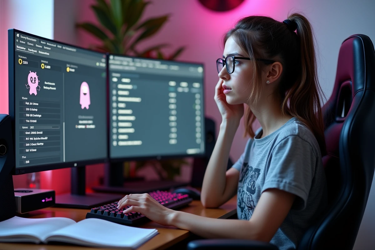 Joueuse frustrée devant les statistiques mal configurées de sa pioute rose dans le jeu Dofus 3