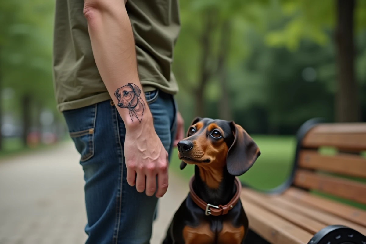 Homme avec tatouage minimaliste de chien sur l'avant-bras debout avec son Dachshund dans un parc urbain