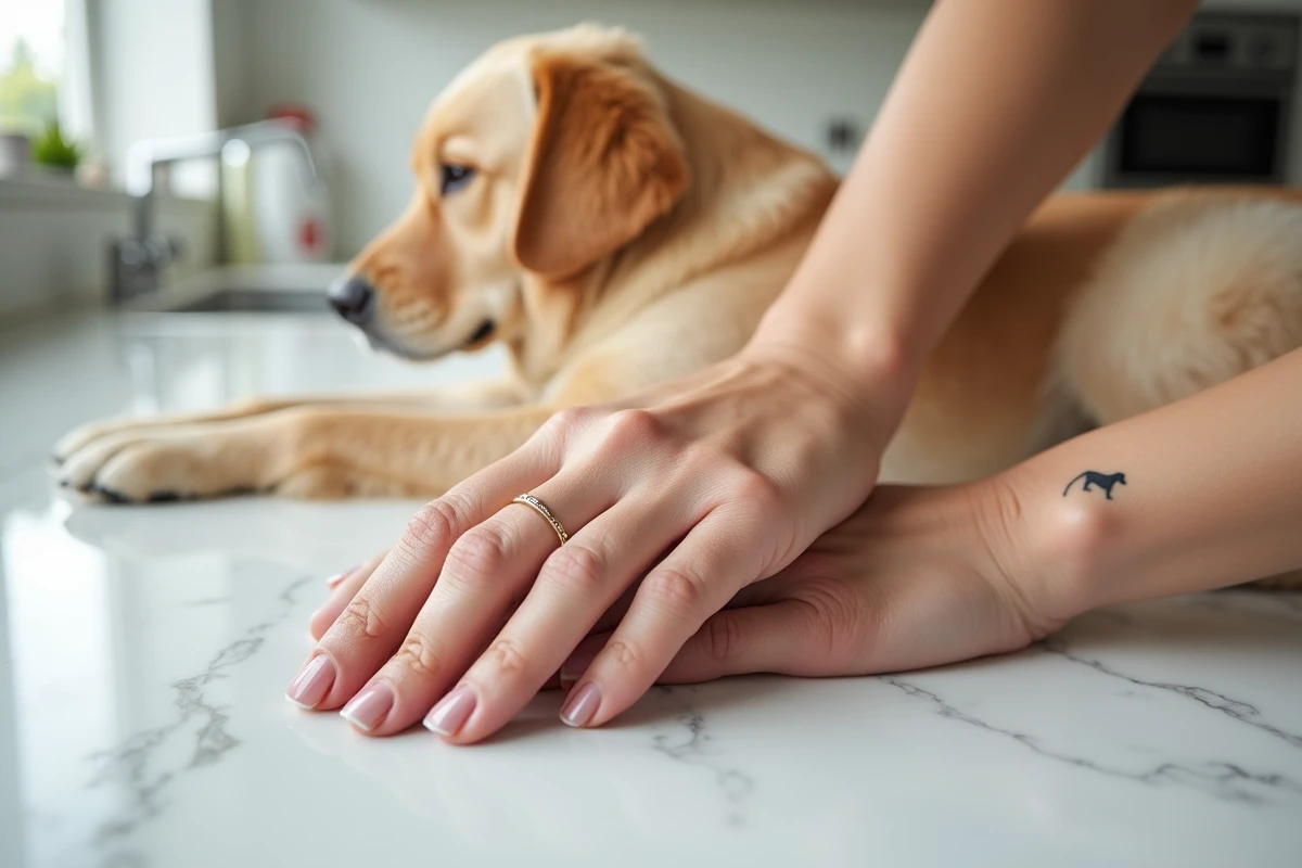 Gros plan d'une main de femme avec tatouage minimaliste de chien posée à côté de la patte d'un Golden Retriever sur un plan de travail en marbre