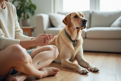 Femme avec un tatouage minimaliste de chien sur le poignet assise à côté de son Labrador beige dans un salon scandinave