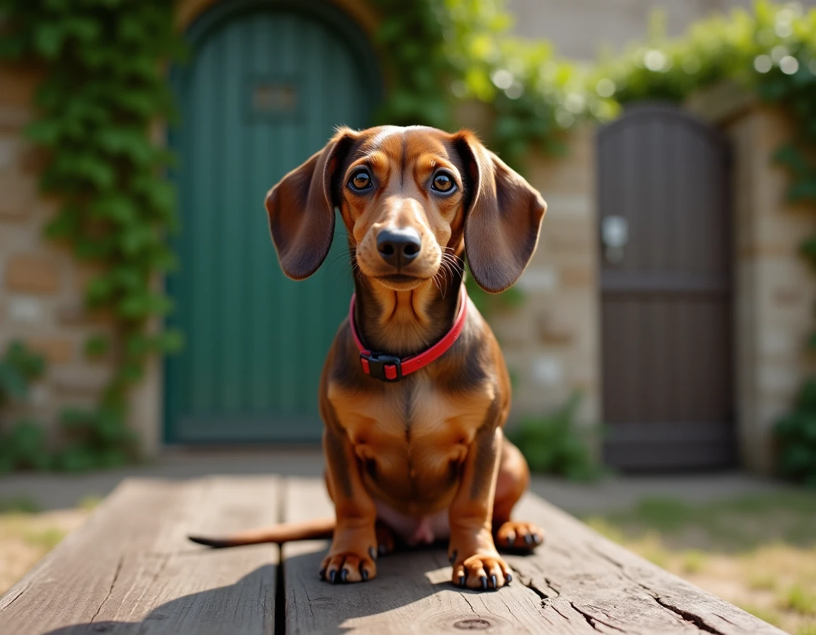 Petit chien de race teckel assis dans un jardin de maison en Gironde prêt à être adopté gratuitement