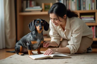 Femme examinant attentivement un teckel arlequin assis sur un parquet en bois dans un appartement cosy, illustration des conseils d'adoption responsable