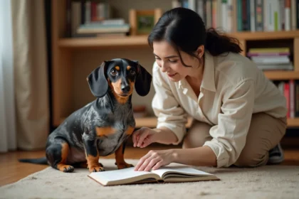 Femme examinant attentivement un teckel arlequin assis sur un parquet en bois dans un appartement cosy, illustration des conseils d'adoption responsable