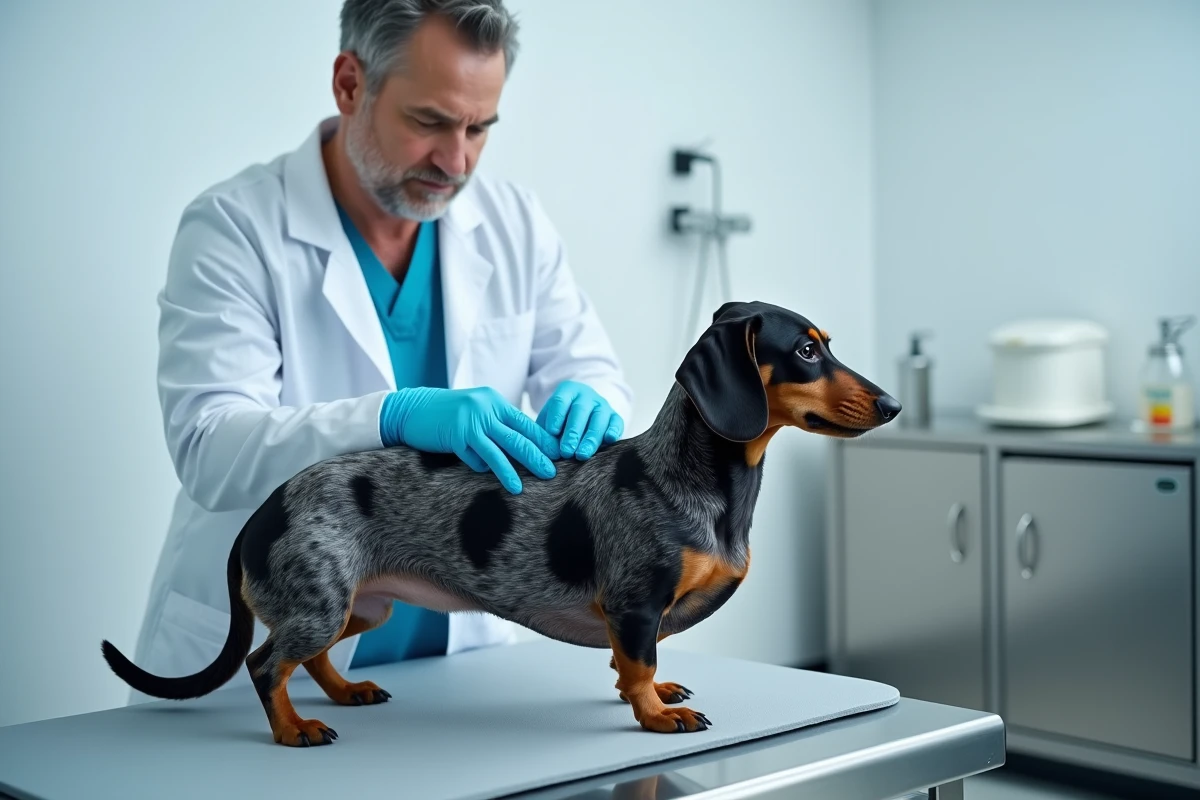 Vétérinaire examinant la colonne vertébrale d'un teckel arlequin sur une table de consultation, illustrant l'importance du bilan de santé avant adoption