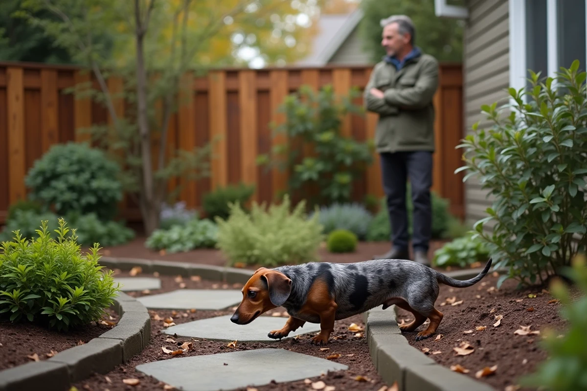 Homme observant un teckel arlequin explorer un jardin extérieur, mettant en avant les besoins spécifiques d'exercice et d'environnement adaptés à cette race