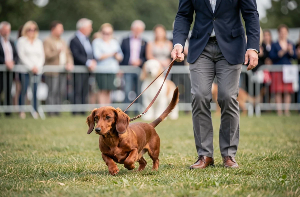 Teckel Kaninchen à poil ras présenté par son handler lors d'une exposition canine officielle reconnue par un club de race