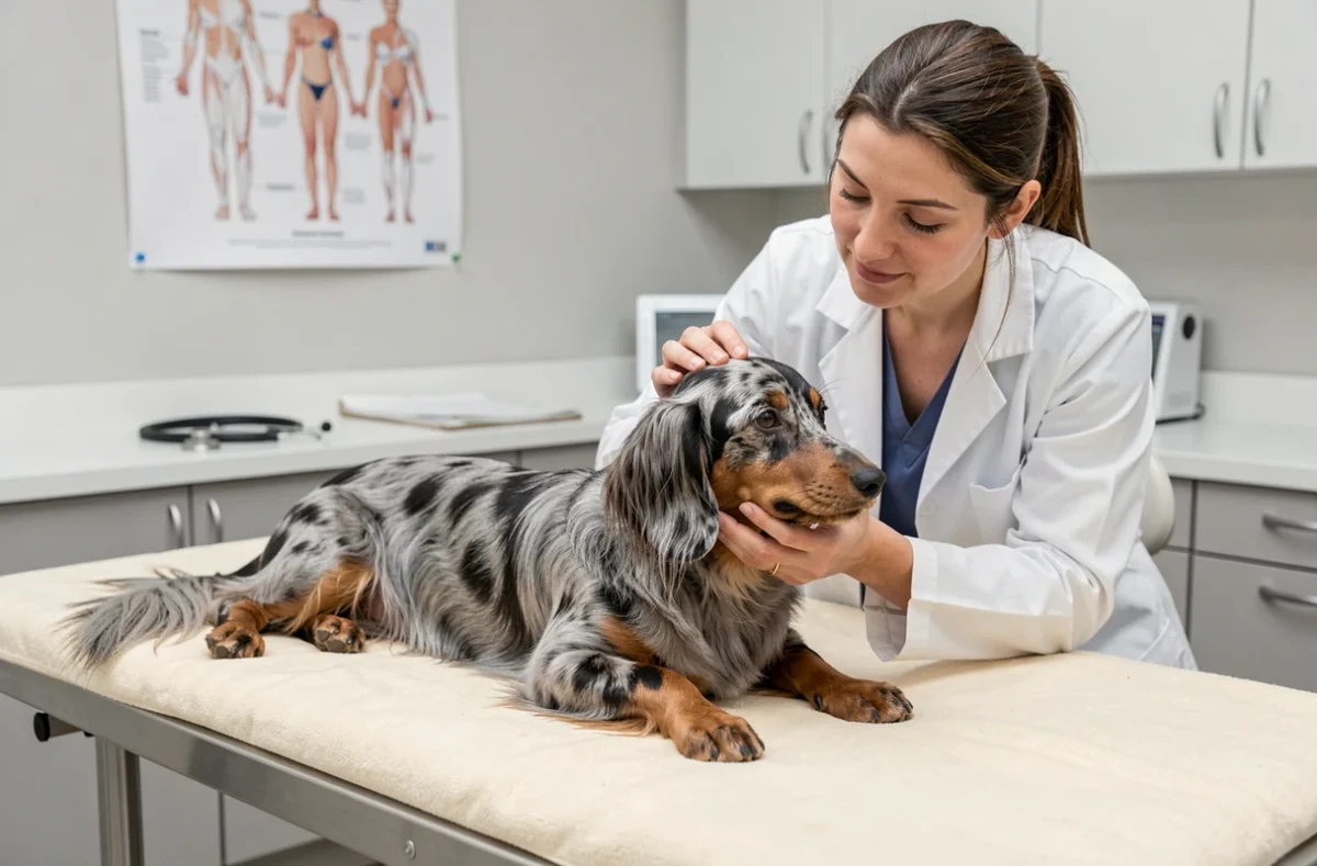 Vétérinaire examinant un teckel poil long Merle sur une table de consultation, représentant les frais vétérinaires annuels