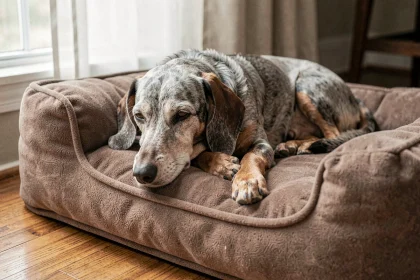 Teckel senior à museau grisonnant reposant sur un coussin orthopédique surélevé adapté à son âge