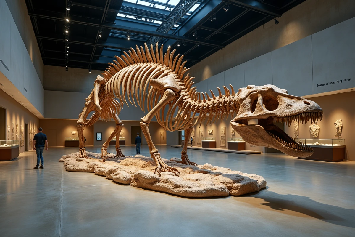 Reconstitution squelettique grandeur nature du Titanoboa dans un musée d'histoire naturelle, comparée à la taille humaine