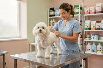 Toilettage professionnel d'un Bichon Maltais au salon de toilettage, brossage doux pour peau sensible