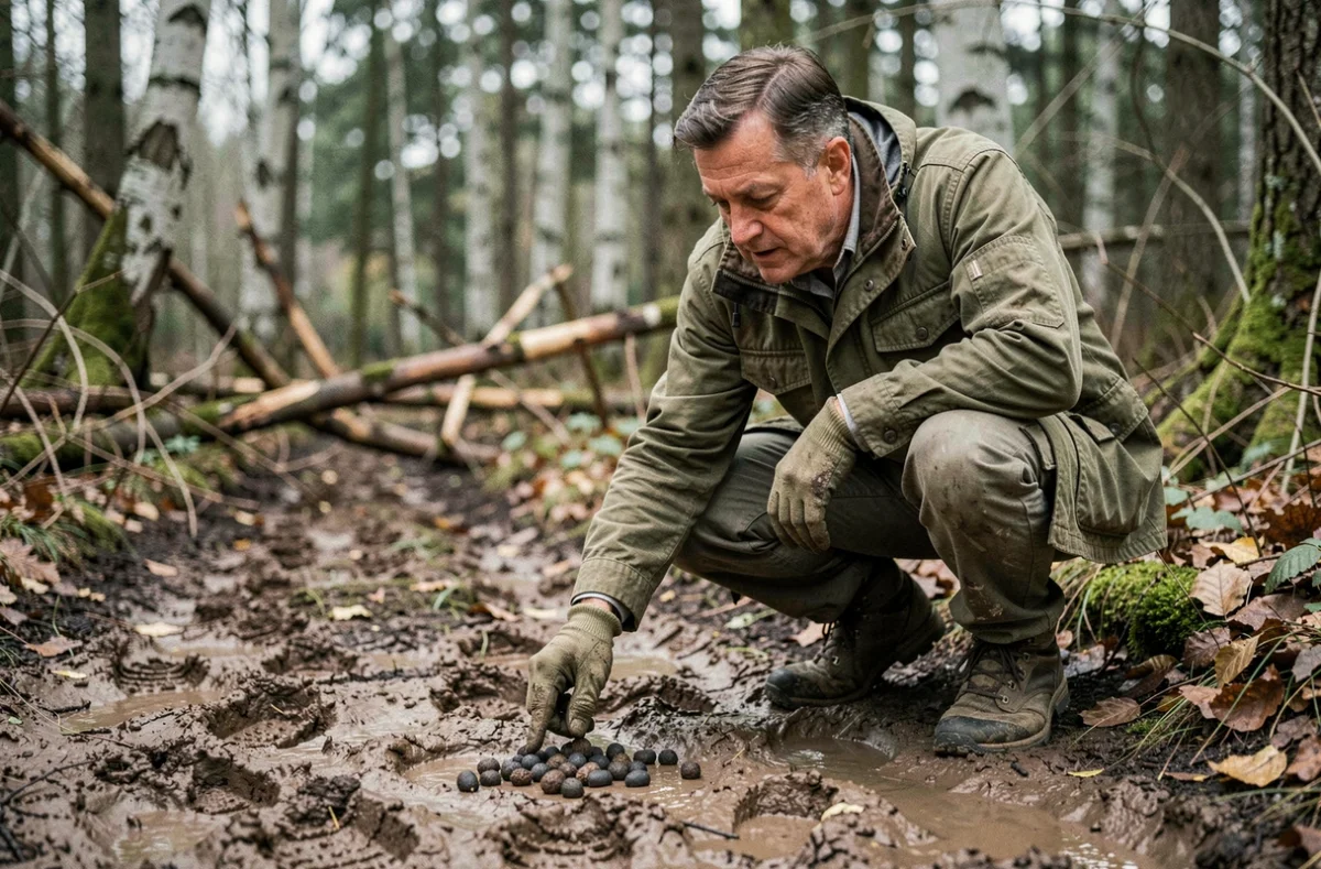 Traqueur naturaliste examinant des crottes de sanglier et des empreintes de sabots sur un sentier forestier boueux