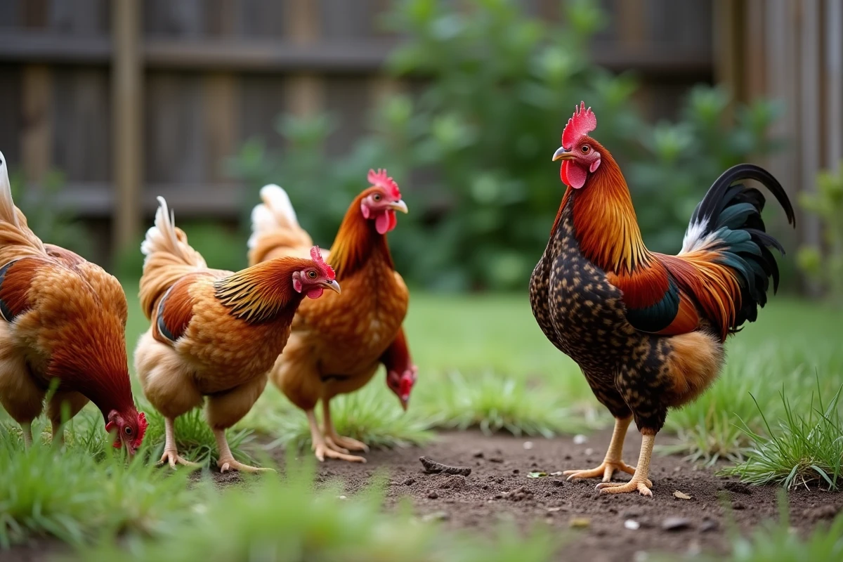 Troupe de poules et coq Plymouth Rock en liberté dans un jardin, plumage barré noir et blanc
