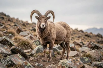 Urial sauvage aux cornes recourbées debout sur un terrain rocheux montagneux, illustration d'un animal en U