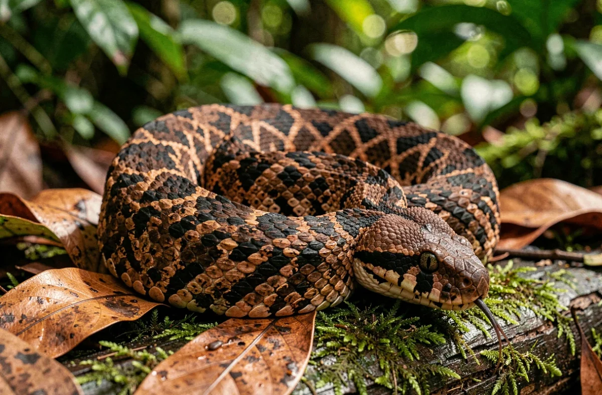 Urutu enroulé sur une bûche moussue en forêt amazonienne, serpent venimeux commençant par la lettre U