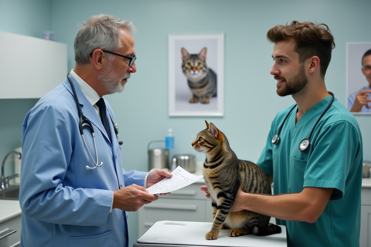 Vétérinaire avec chat en consultation en clinique