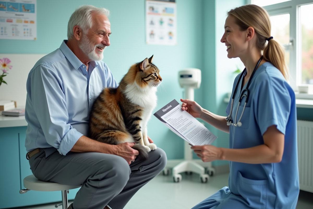 Vétérinaire donnant une brochure à un homme avec son chat calico