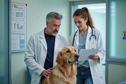Vétérinaire femme avec chien dans une clinique moderne