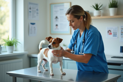 Vétérinaire femme examinant un petit chien Jack Russell