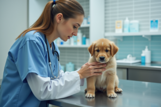 Vétérinaire examinant un chiot golden retriever dans une clinique