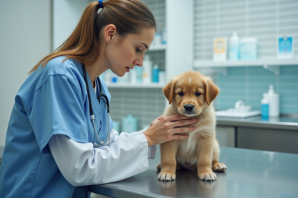 Vétérinaire examinant un chiot golden retriever dans une clinique