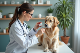 Vétérinaire en blanc donnant un comprimé à un chien calme