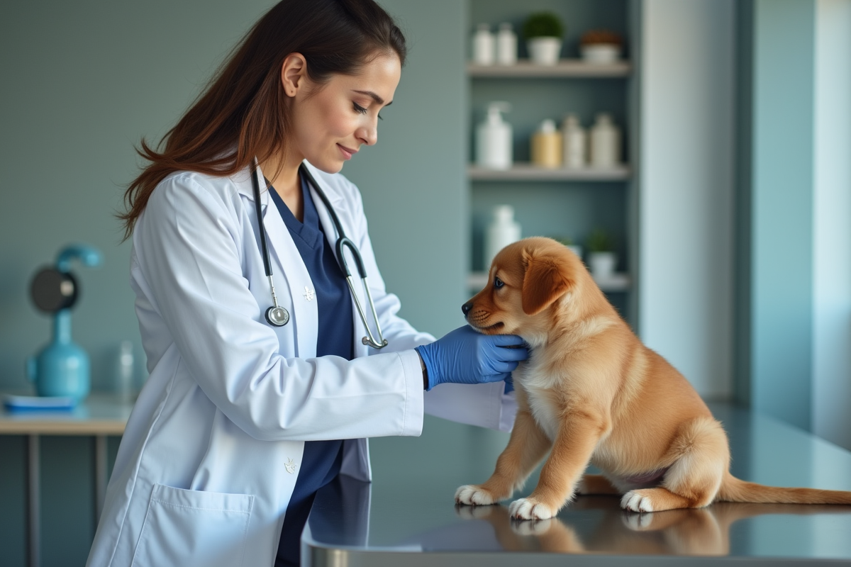 Vétérinaire examinant un chiot golden retriever dans une clinique