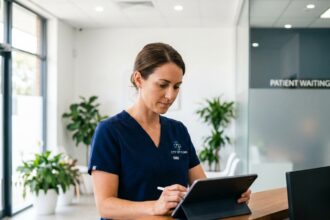 Vétérinaire femme consultant un tableau de bord numérique à l'accueil d'une clinique vétérinaire moderne